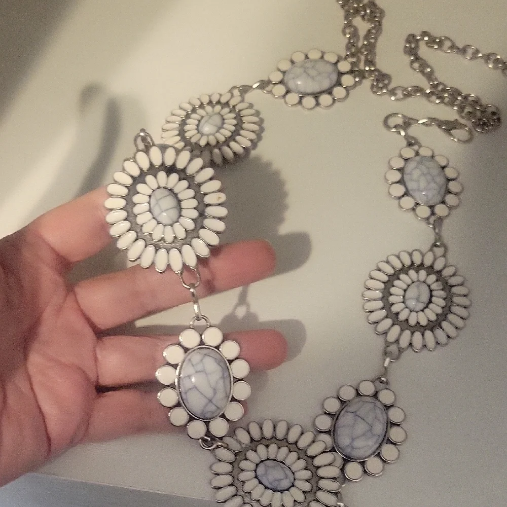 Elegant White and Silver tone Statement Necklace Large white enamel discs